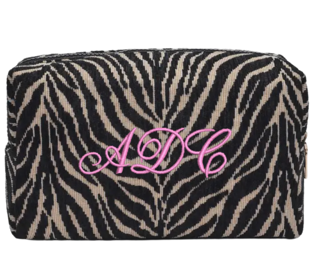 Embroidered Zebra Print Cosmetic Bag: Personalized Makeup Bag