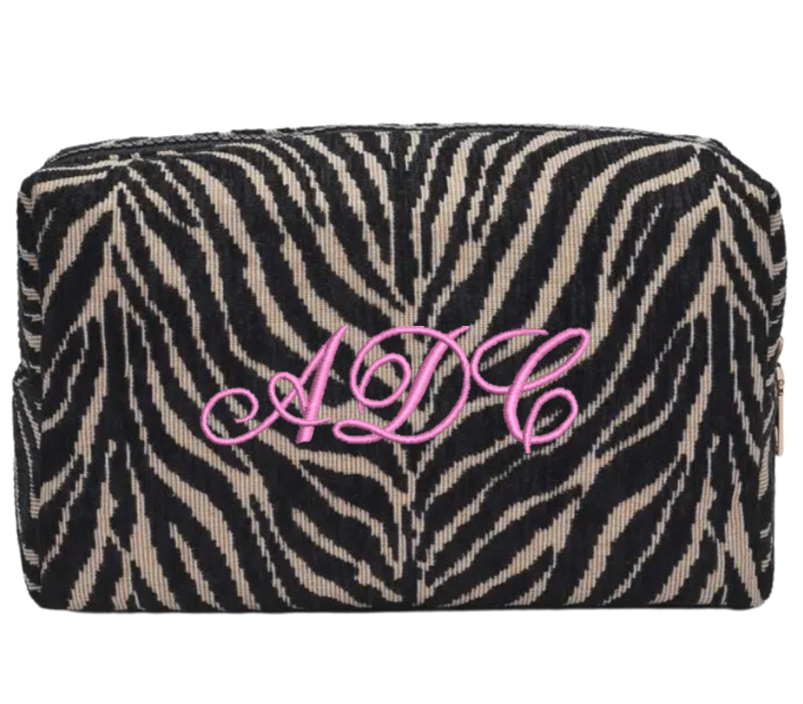Embroidered Zebra Print Cosmetic Bag: Personalized Makeup Bag