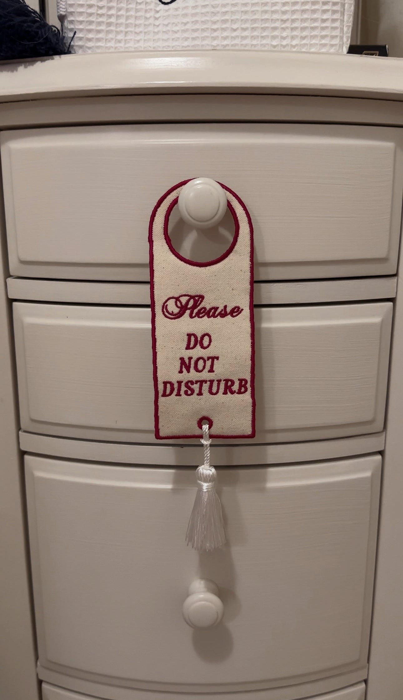 Handmade Embroidered Canvas Door Décor – ‘Please Leave by 9 PM’/‘Please Do Not Distrub’ | Personalizable | Do not disturb sign