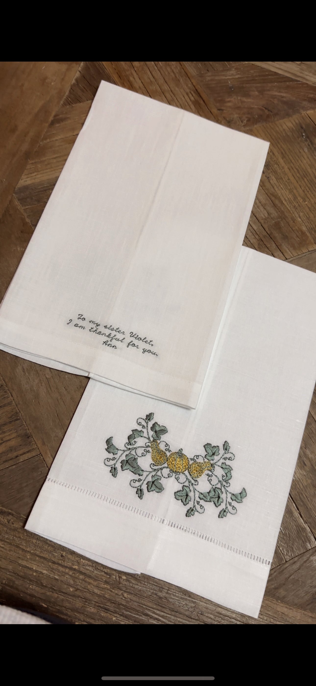 Custom Embroidered Linen Towel | 100% White Linen | Thanksgiving | Customized Handwriting Embroidered Gift | Double Sided Embroidered Towel