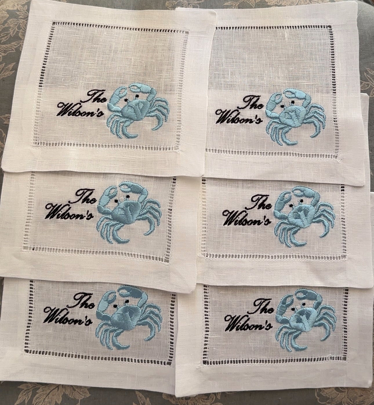 Custom Name with Crab Embroidered Linen Cocktail Napkins: Engagement Gift Set, Wedding Gift