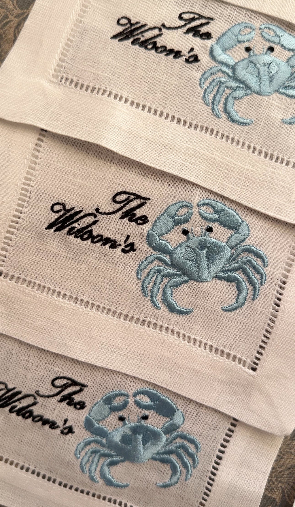Custom Name with Crab Embroidered Linen Cocktail Napkins: Engagement Gift Set, Wedding Gift