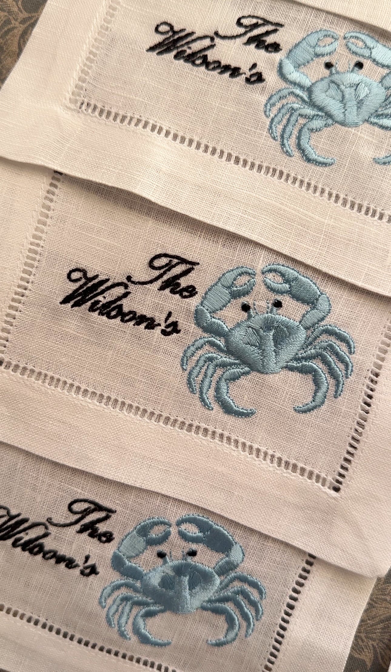 Custom Name with Crab Embroidered Linen Cocktail Napkins: Engagement Gift Set, Wedding Gift