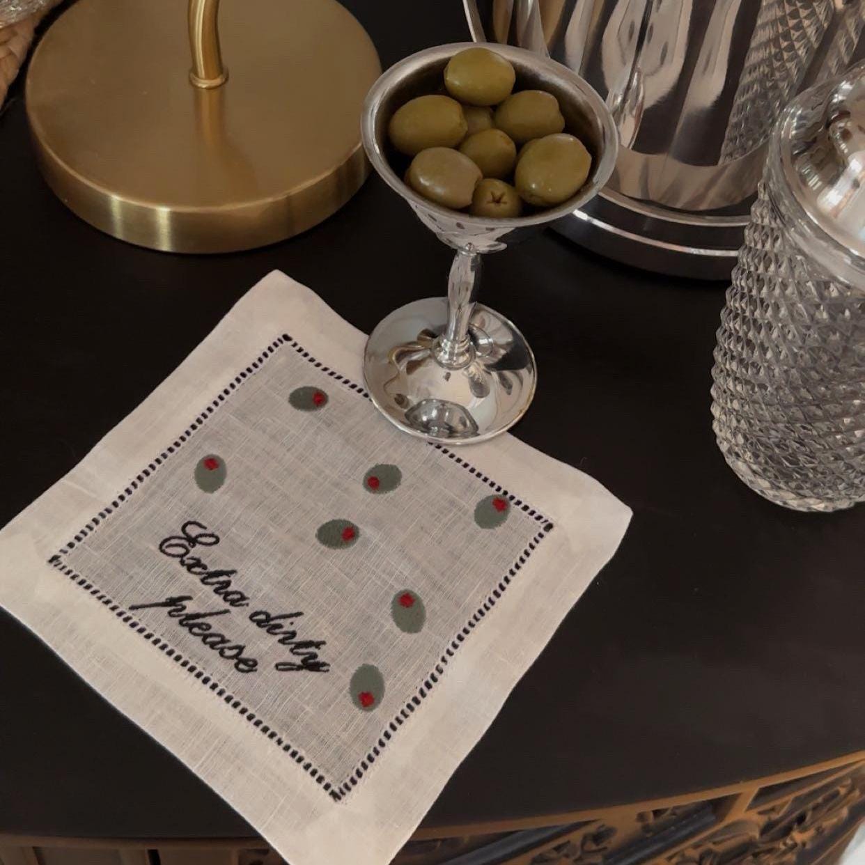 Set of Extra Dirty Please Embroidered Cocktail napkins I Cocktail napkins I Embroidered Cocktail Napkins I Dirty Martini I Extra Dry Martini