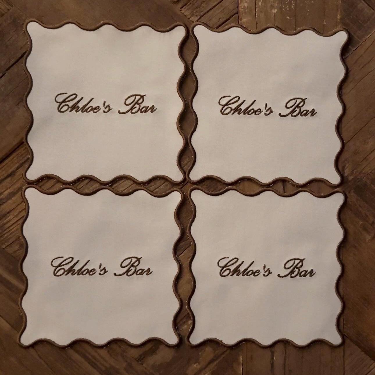 Set of Curvy Border Embroidered Custom Bar Cocktail Napkins I Cocktail Napkins I Embroidered Custom Cocktail Napkins | Ally’s Bar