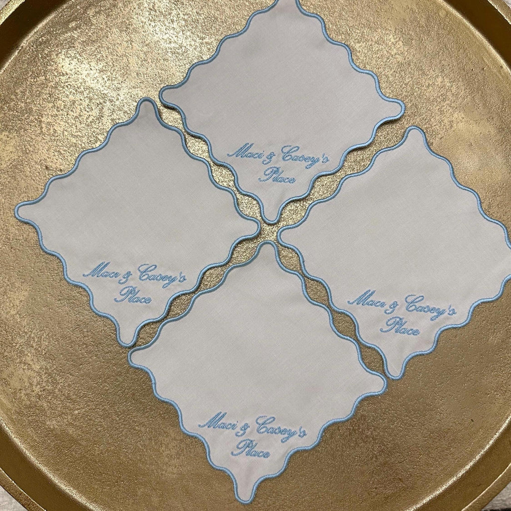 Set of Four CUSTOM Border Embroidered Cocktail Napkin I Cocktail Napkins I Embroidered Custom Cocktail Napkins