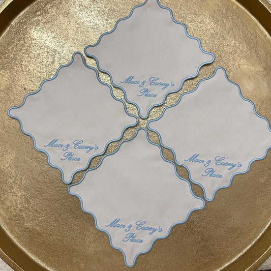 Set of Four CUSTOM Border Embroidered Cocktail Napkin I Cocktail Napkins I Embroidered Custom Cocktail Napkins