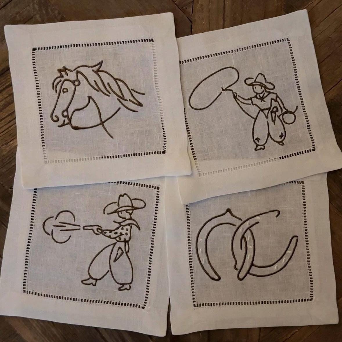 Set of Four Western Embroidered Cocktail Napkins I Cocktail Napkins I Embroidered Cocktail Napkins | Horse | Cowboy | Horseshoe