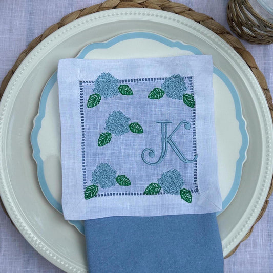 Set of Hydrangea Customized Initial Embroidered Cocktail Napkins I Cocktail Napkins I Embroidered Cocktail Napkins