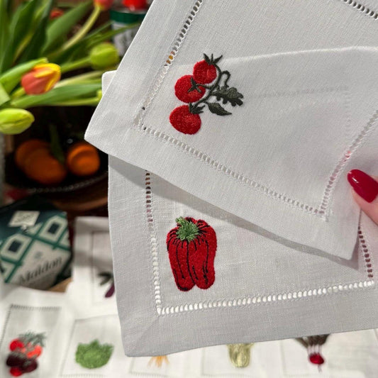 Set of Four Veggie Cocktail Napkins I Cocktail napkins I Embroidered Cocktail Napkins I Red Pepper I Beet I Tomato I Cabbage
