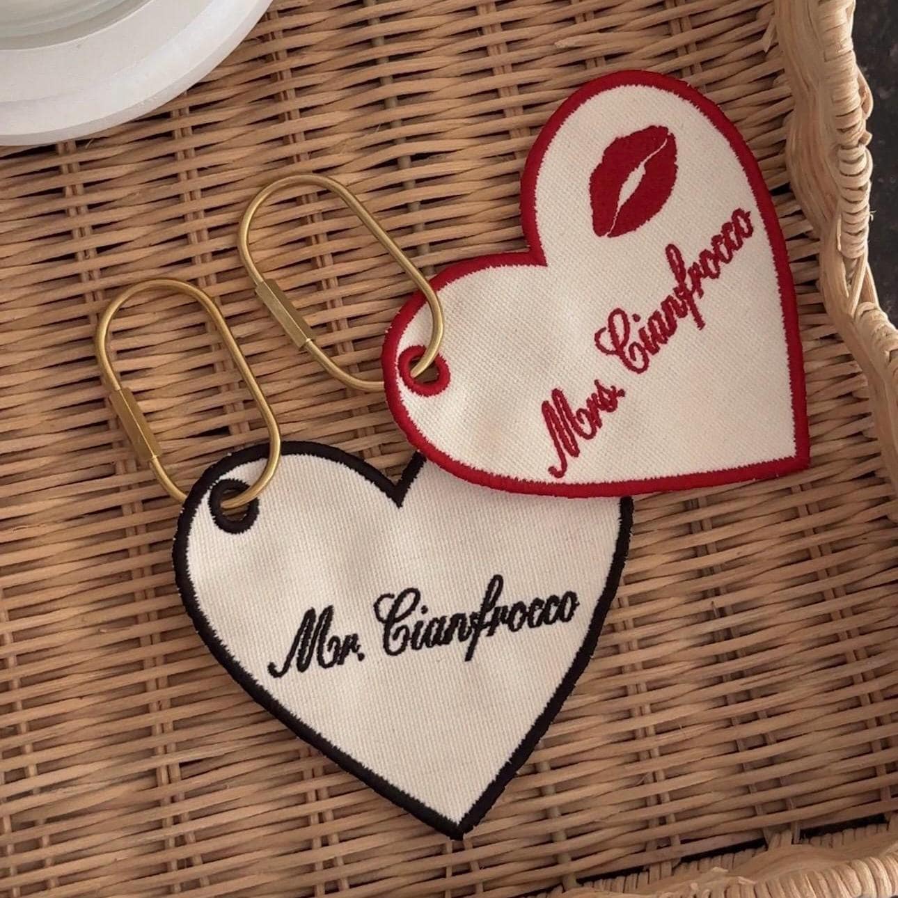 His and Hers Custom Embroidered Heart Luggage Tag or Keychain with Last Name – Personalized Wedding Gift for Newlyweds & Honeymoon Travel