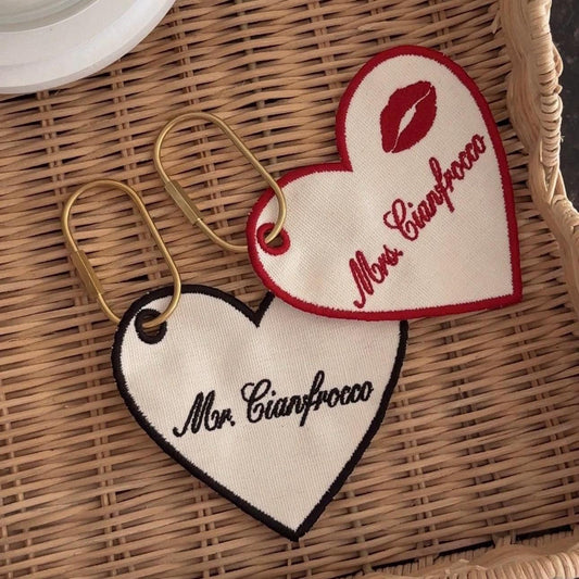His and Hers Custom Embroidered Heart Luggage Tag or Keychain with Last Name – Personalized Wedding Gift for Newlyweds & Honeymoon Travel