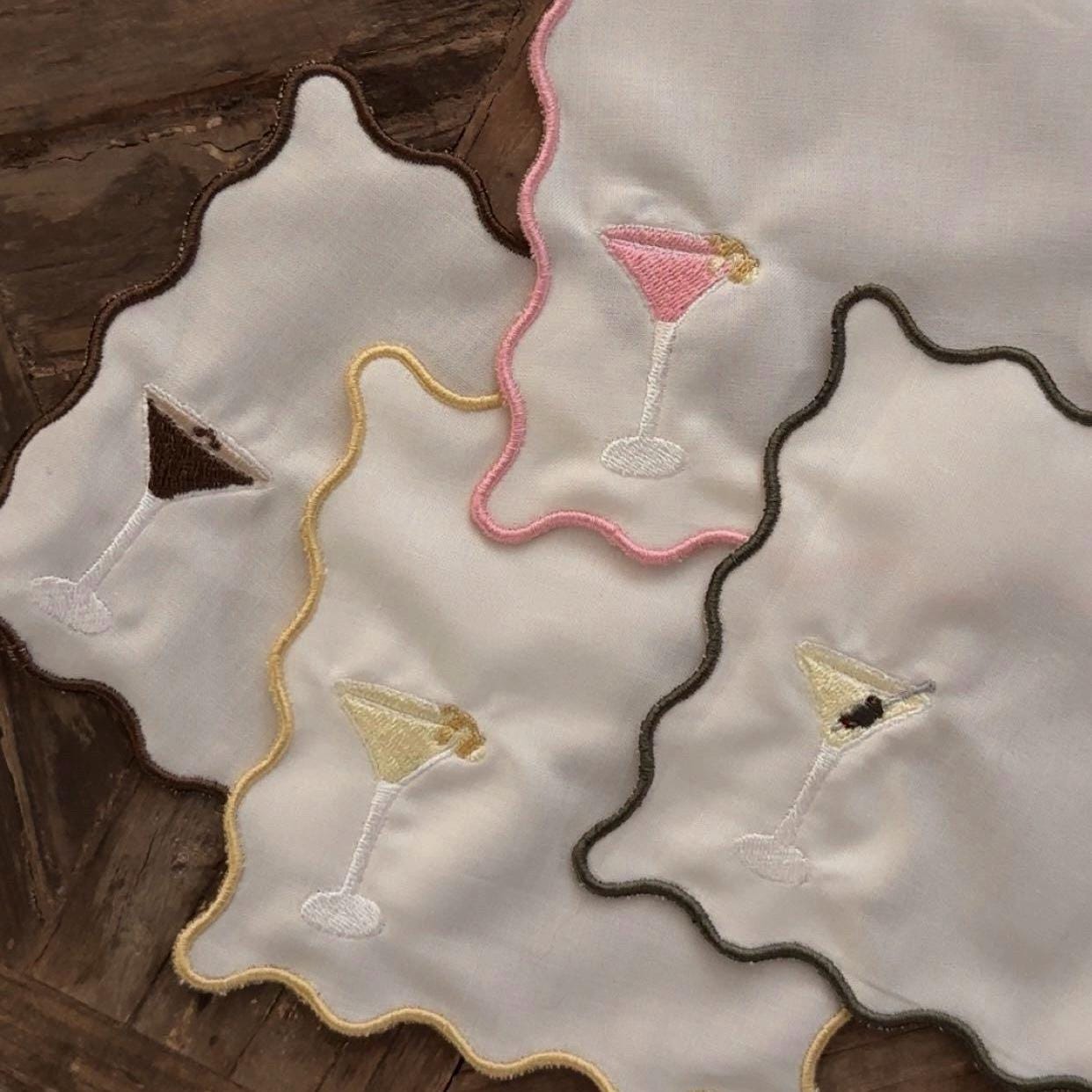 Set of Four CUSTOM Border Embroidered Cocktail Napkin I Cocktail Napkins I Embroidered Custom Cocktail Napkins