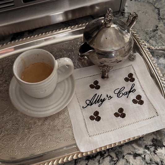 Set of Customized Name Cafe Embroidered Cocktail Napkins I Cocktail napkins I Embroidered Cocktail Napkins I Ally's Cafe I Coffee Lover