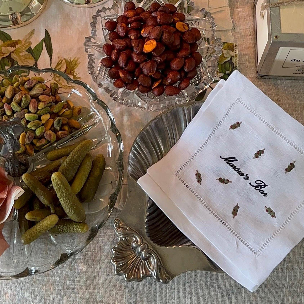 Personalized Bar/Text with Scattered Olives Embroidered Cocktail napkins I Cocktail napkins I Embroidered Cocktail Napkins I Dirty Martini