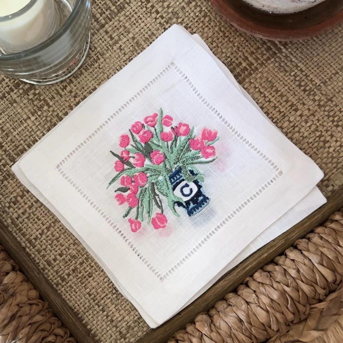 Set of Tulips Custom Initial Embroidered Cocktail napkins I Cocktail napkins I Embroidered Cocktail Napkins | Mothers Day Gift | Spring