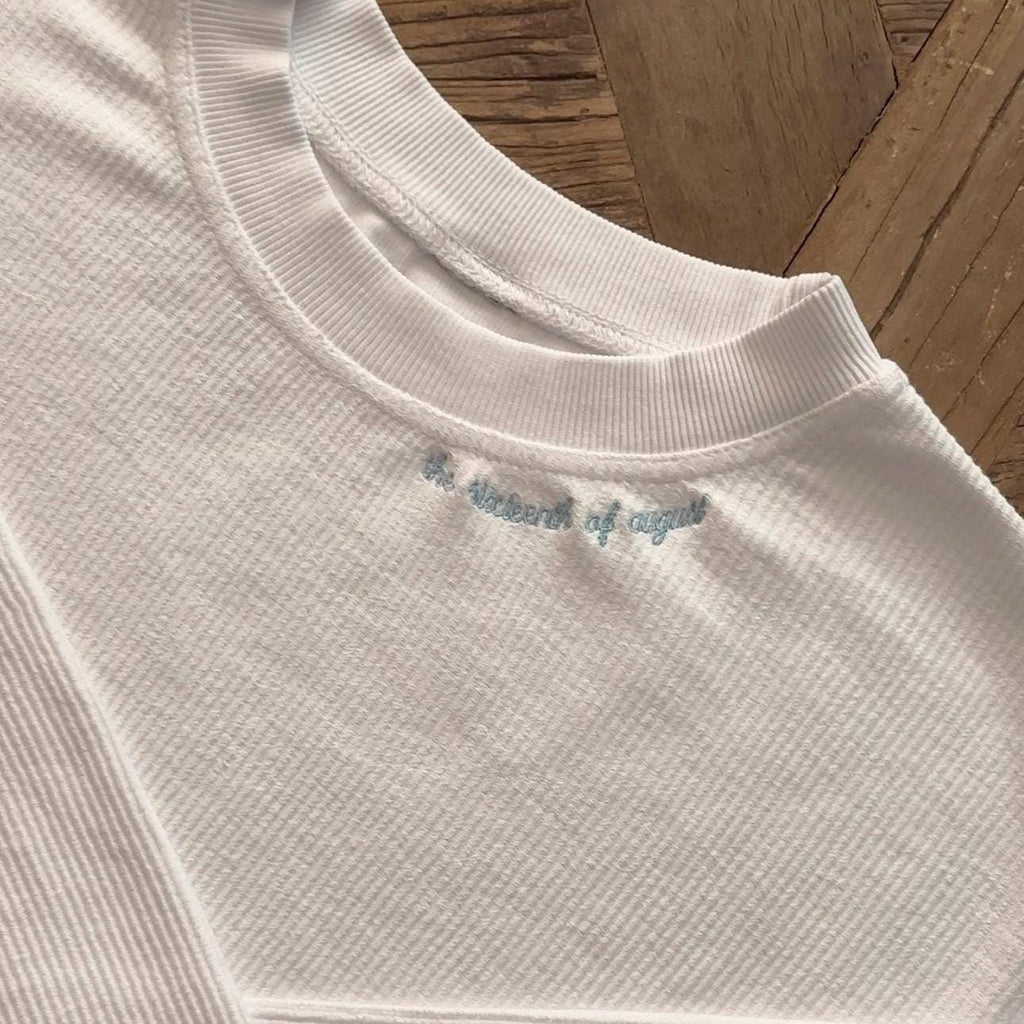 Personalized Wedding Date Neckline Embroidered White Crewneck I Oversized Crewneck | Bride | Wedding Date Embroidered Crewneck for Brides