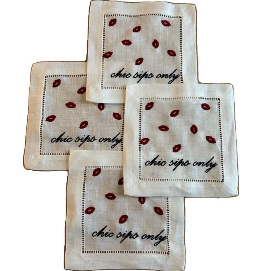 Set of Chic Sips Only Embroidered Cocktail napkins I Cocktail napkins I Embroidered Cocktail Napkins