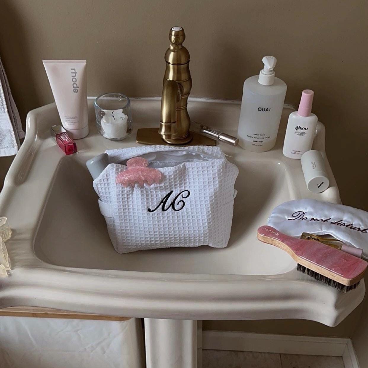 Personalized Embroidered White Waffle Cosmetic Makeup Bag I Embroidered Makeup Bag I Custom Embroidery I Custom Makeup Bag