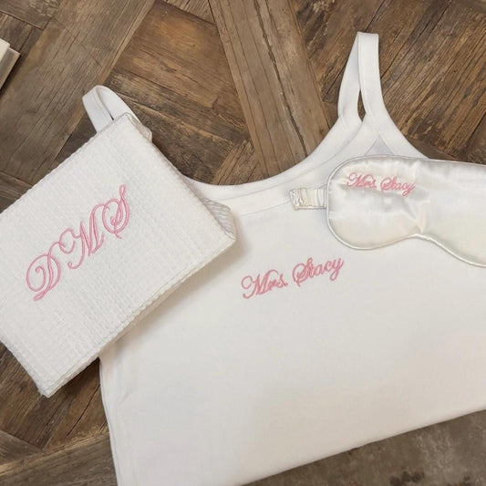 Personalized Embroidered Bride Bundle | White Waffle Cosmetic Makeup Bag | Embroidered Tank Top | Embroidered Eye Mask