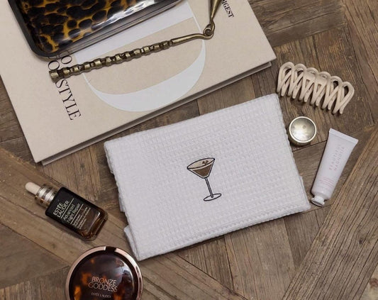 Espresso Martini Embroidered White Waffle Cosmetic Makeup Bag